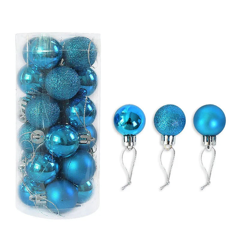 Assorted metallic gold, red, silver, and blue 3cm plastic Christmas bauble ornaments in a box.