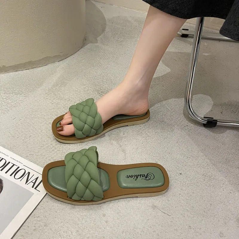 Women's plaid pattern beach sandals with thick anti-skid PVC sole, shown in white, green, orange, and black colours.