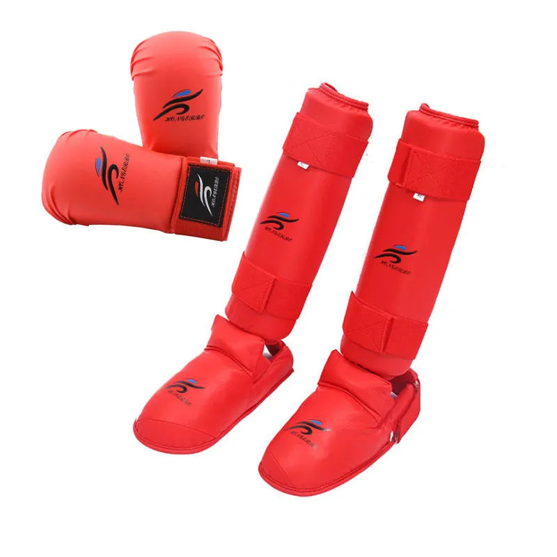 Karate Taekwondo protective gear set showing leg guard, helmet, and boxing gloves in red colour