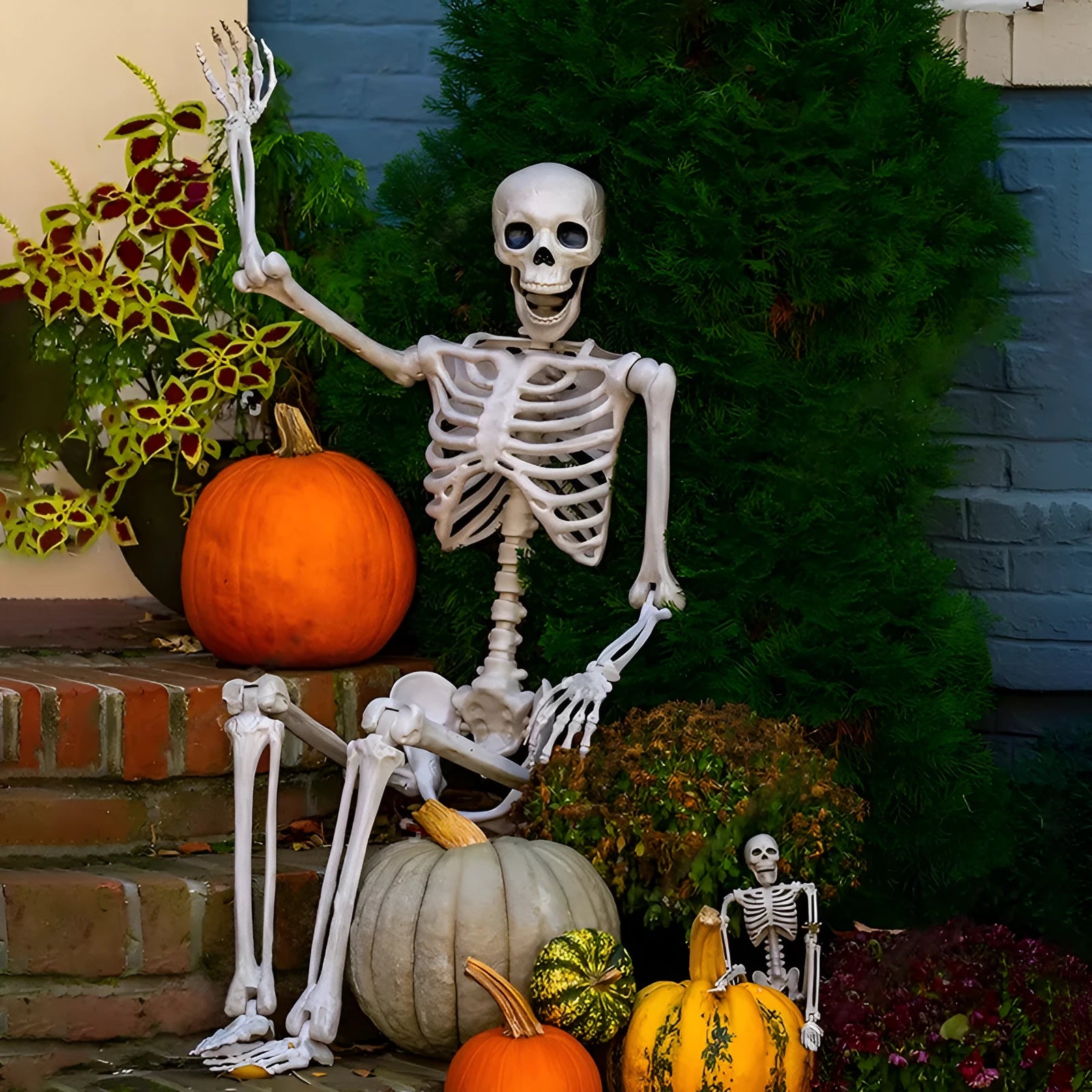 90cm tall posable plastic Halloween skeleton model with movable joints displayed outdoors