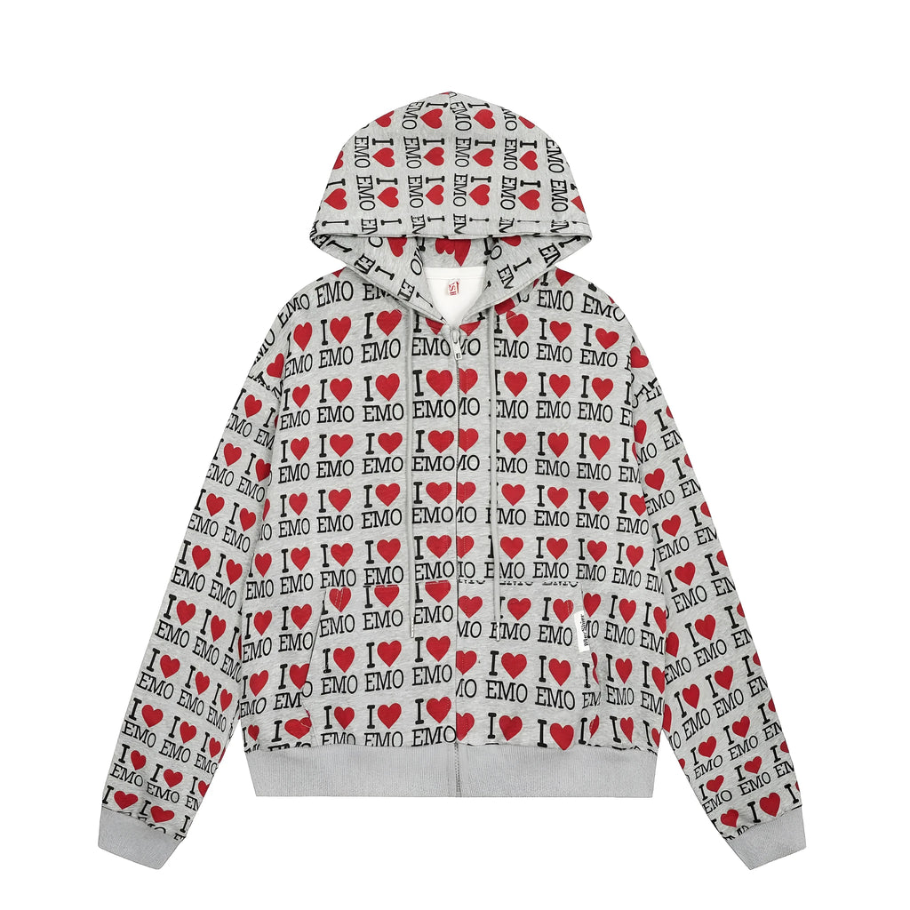 Women's melange grey cotton hooded cardigan with retro pattern, long sleeves, and regular fit