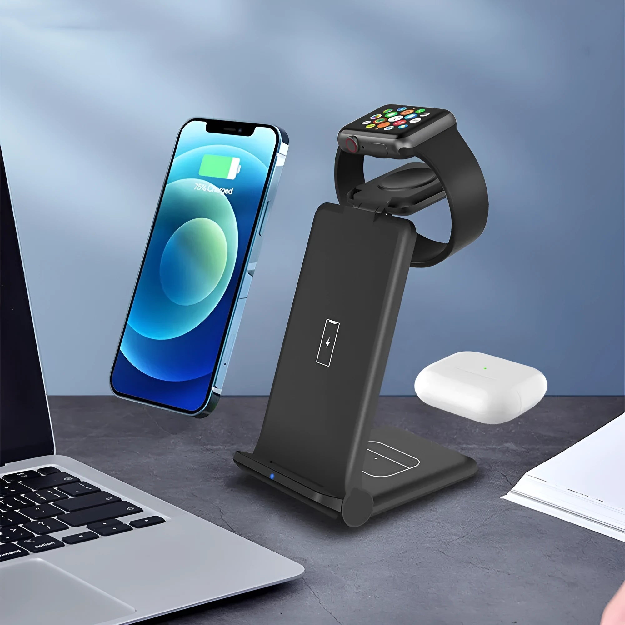 3 in 1 wireless charging station showing iPhone, AirPods and Apple Watch charging simultaneously