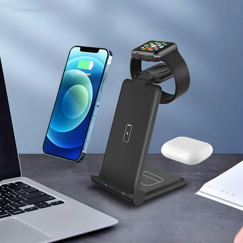 3 in 1 wireless charging station showing iPhone, AirPods and Apple Watch charging simultaneously