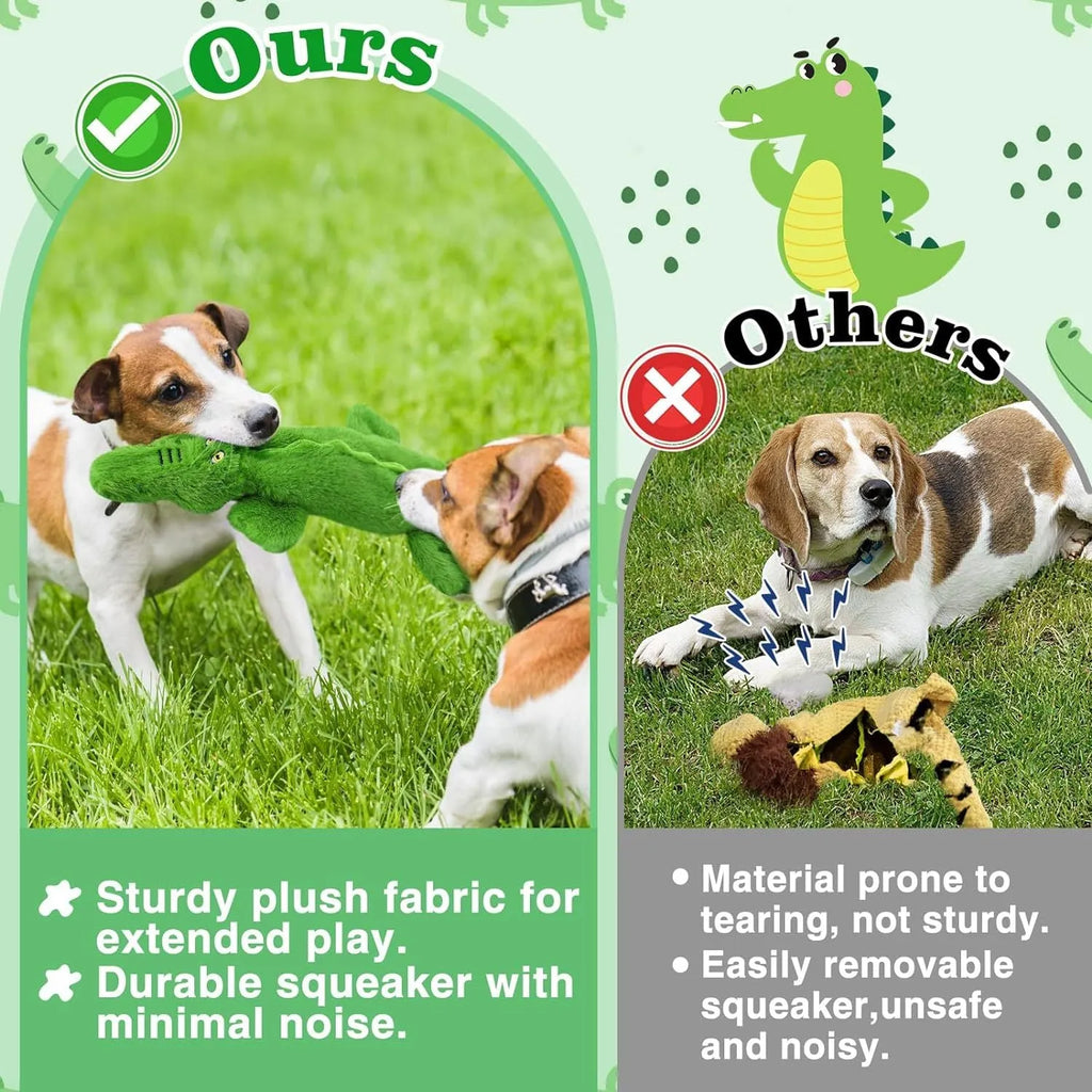 Green crocodile-shaped plush dog toy with squeaker in head and crinkle paper tail