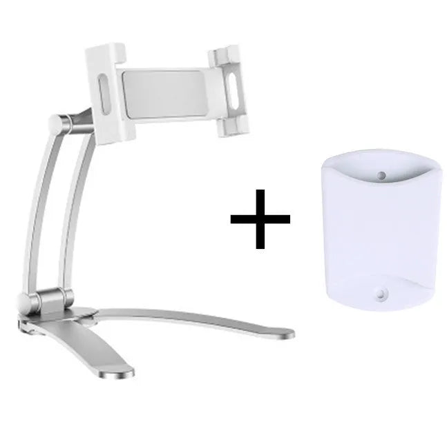 Silver aluminum alloy tablet stand with white mount holding tablet at adjustable angle