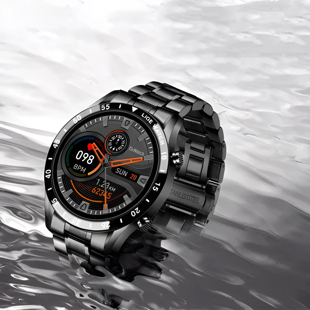 Smart watch with stainless steel band and 1.3-inch touchscreen display showing step count interface