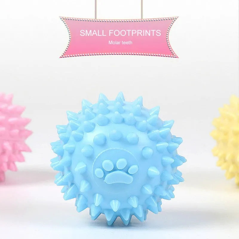 Blue TPR dog chew ball with footprint texture, 6cm diameter, for tooth cleaning and play.