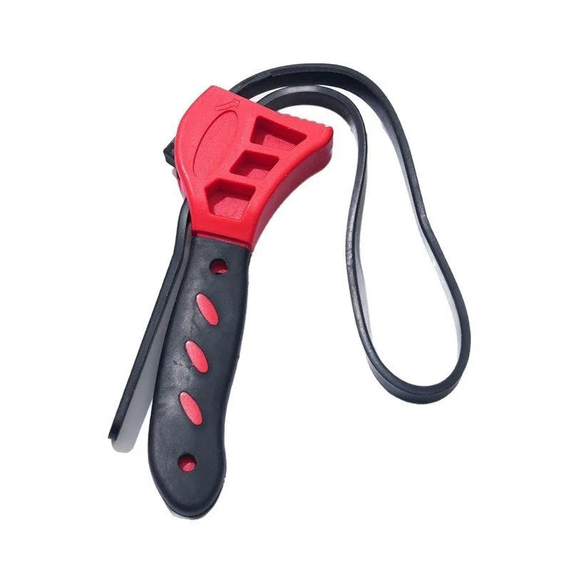 Adjustable rubber strap wrench set showing 6-inch and 8-inch models with a plastic rubber handle.