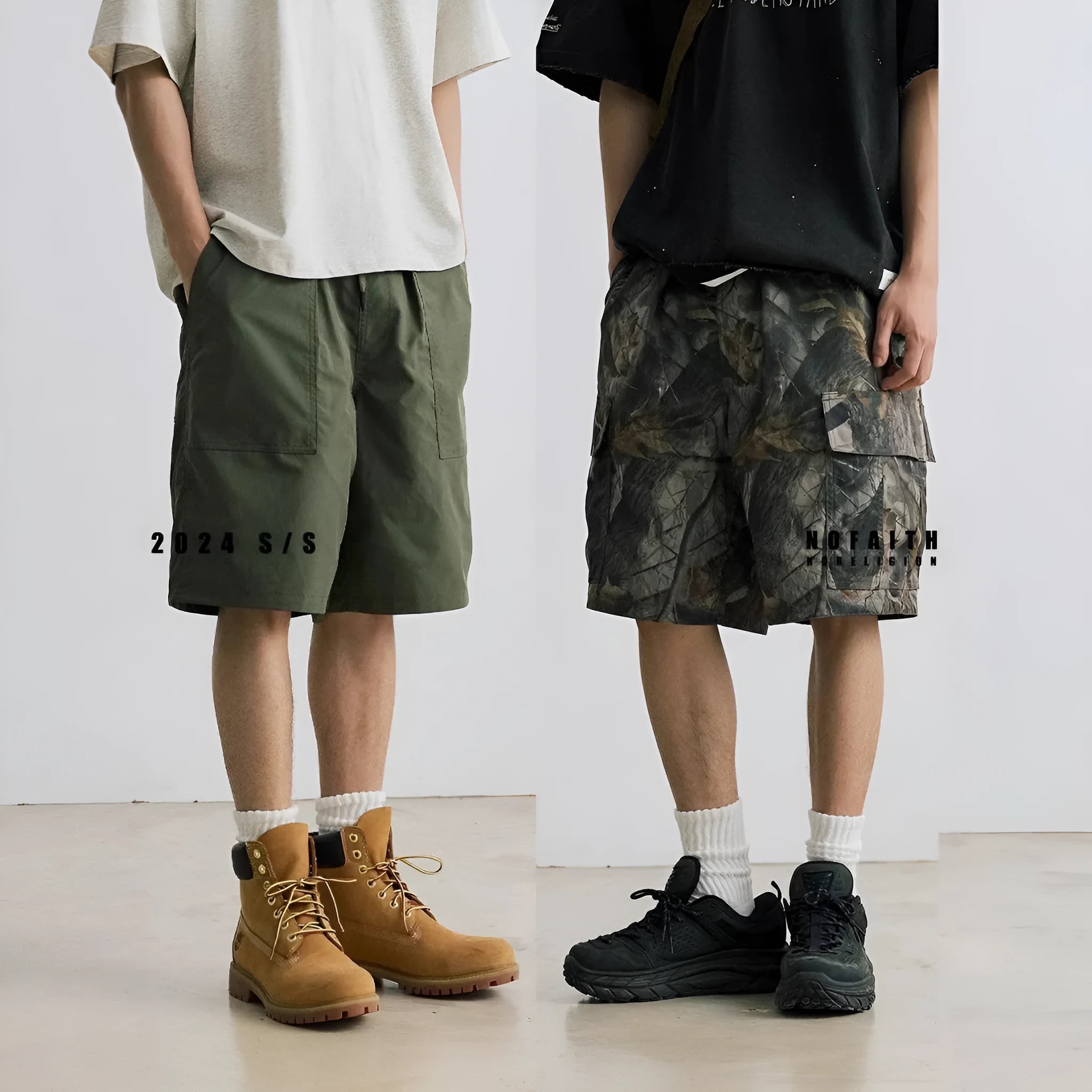 Man wearing loose straight-leg denim shorts with an elastic waistband in army green colour.