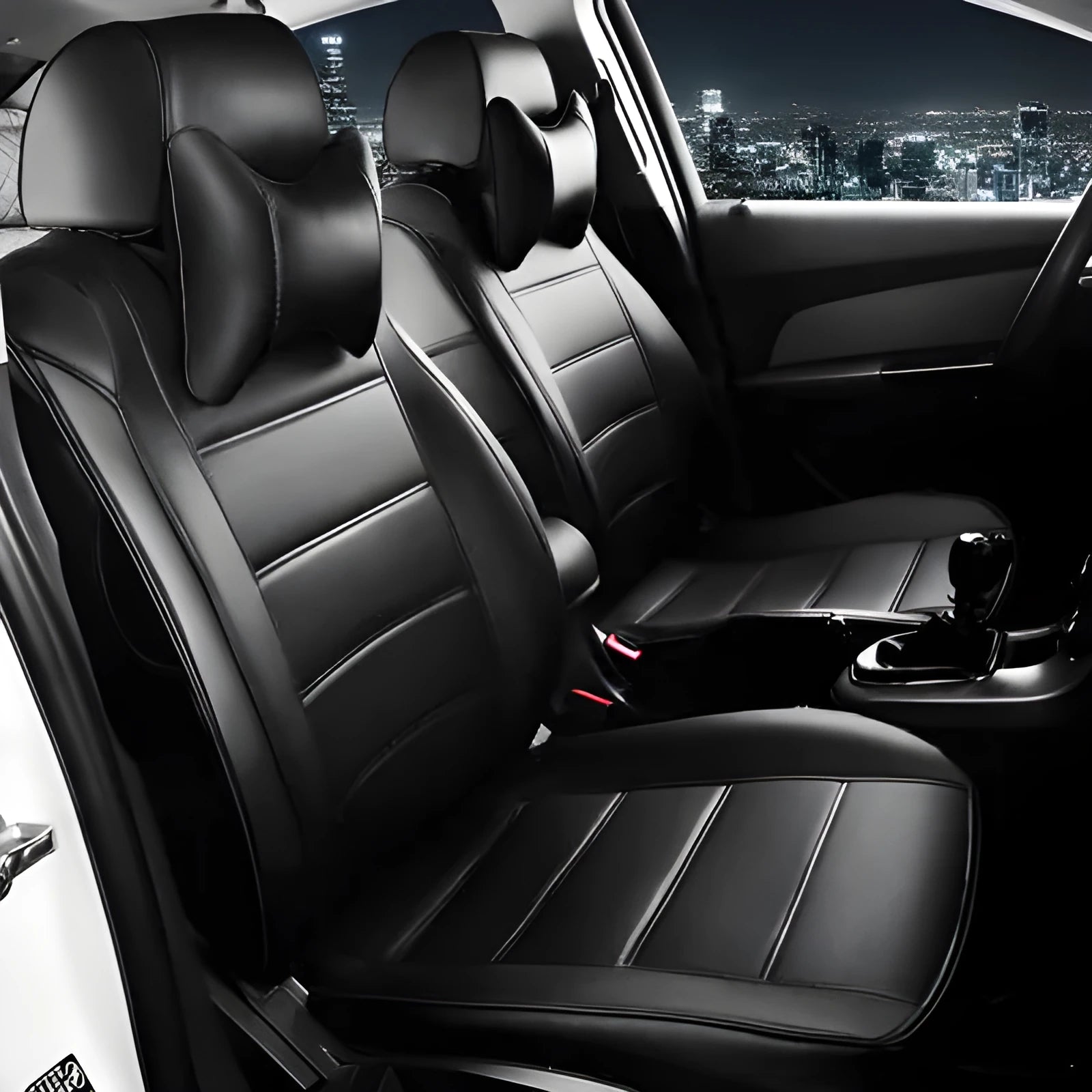 Genuine leather car seat cover in beige and black colour options with red stitching details
