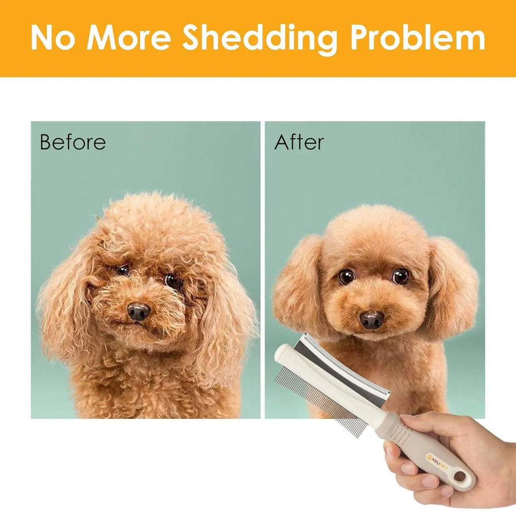 White 2 in 1 pet grooming brush with curved comb and deshedding sides