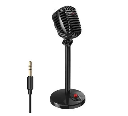 Black USB computer microphone with adjustable stand on weighted base for podcasting and voice recording