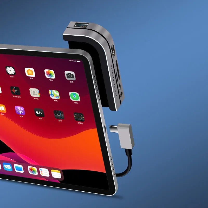 Silver aluminium grey USB-C 6-in-1 docking station for iPad Pro tablets with HDMI and USB ports