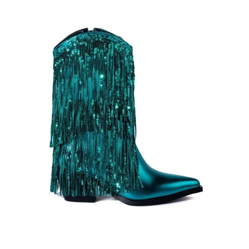 Women's black chunky heel tassel ankle boots with a high stiletto heel on a white background