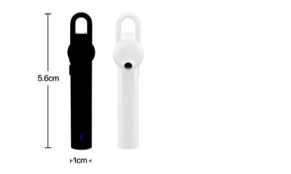 Compact wireless Bluetooth headset in Black, 5.6 cm long, with earpiece and charging port visible
