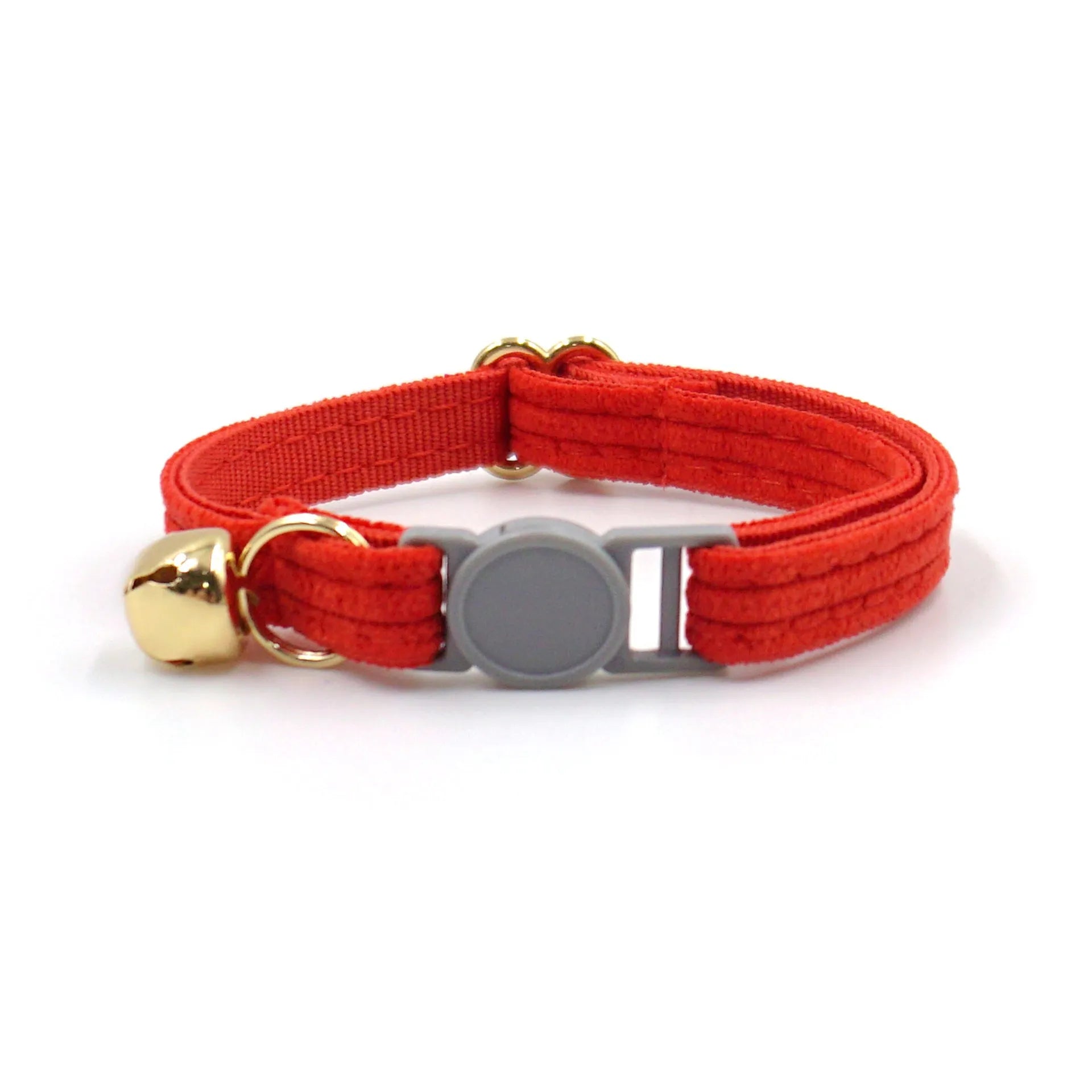 Cloth safety buckle cat collar with bell in brown corduroy on a cat