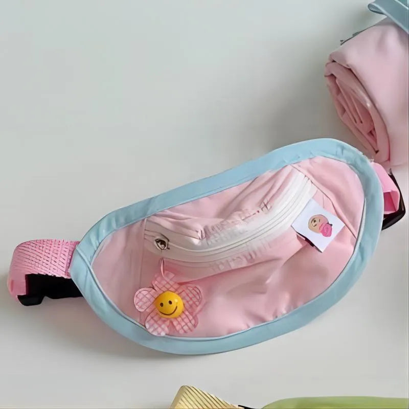 Powder blue messenger bag-style dog backpack for holding poop bags, shown with adjustable chest strap.