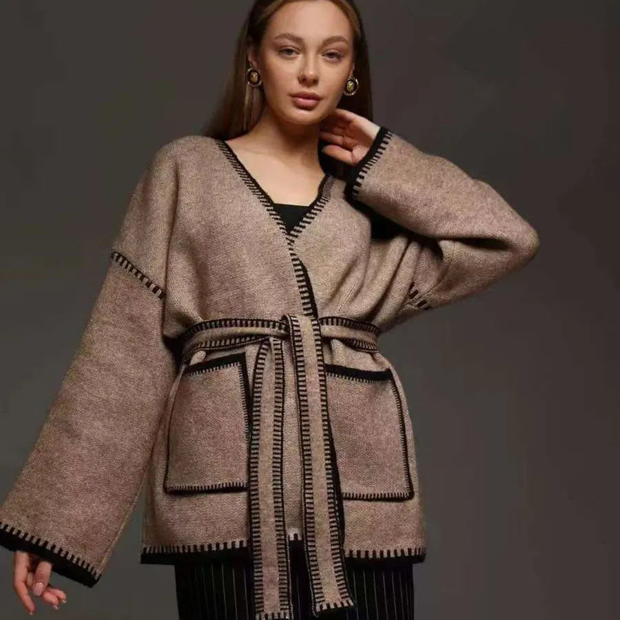 Lace-up front knitted cardigan in black camel or white colours with loose fit and long sleeves
