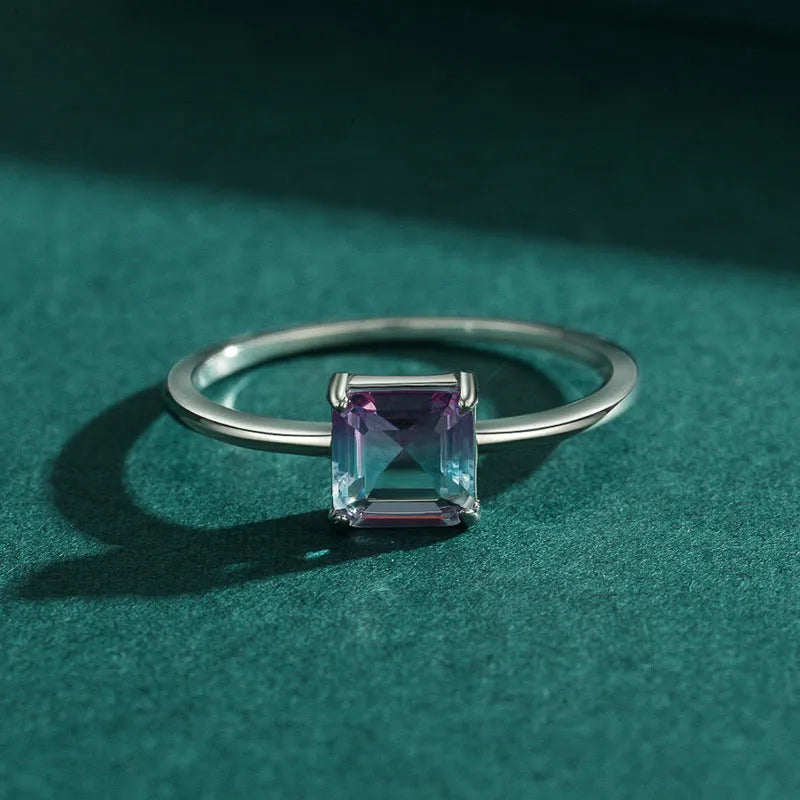 S925 sterling silver slim ring with quadrilateral watermelon tourmaline gemstone