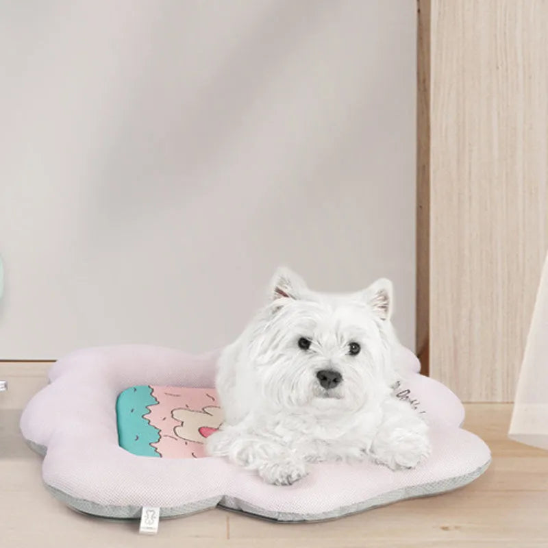 Green and pink ice silk pet cooling mat for dogs and cats shown in four different sizes.