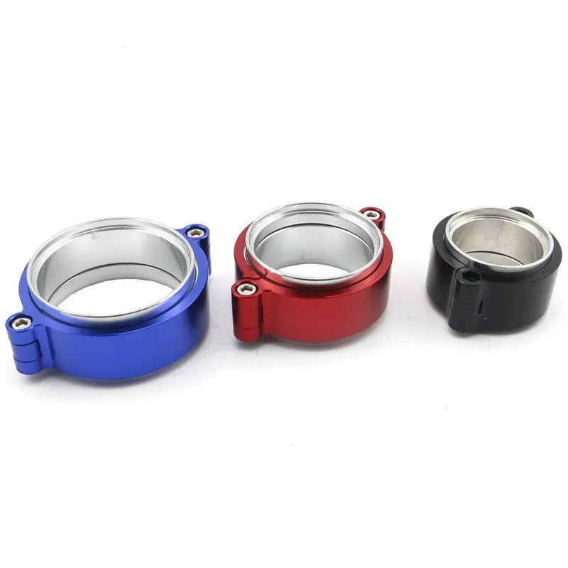 Aluminium fixed movement clamp for car exhaust downspout, shown in black colour.