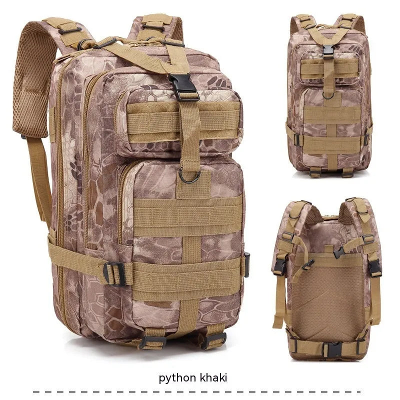 Large khaki Oxford cloth hiking backpack with air pillow belt system, shown for mountaineering use.