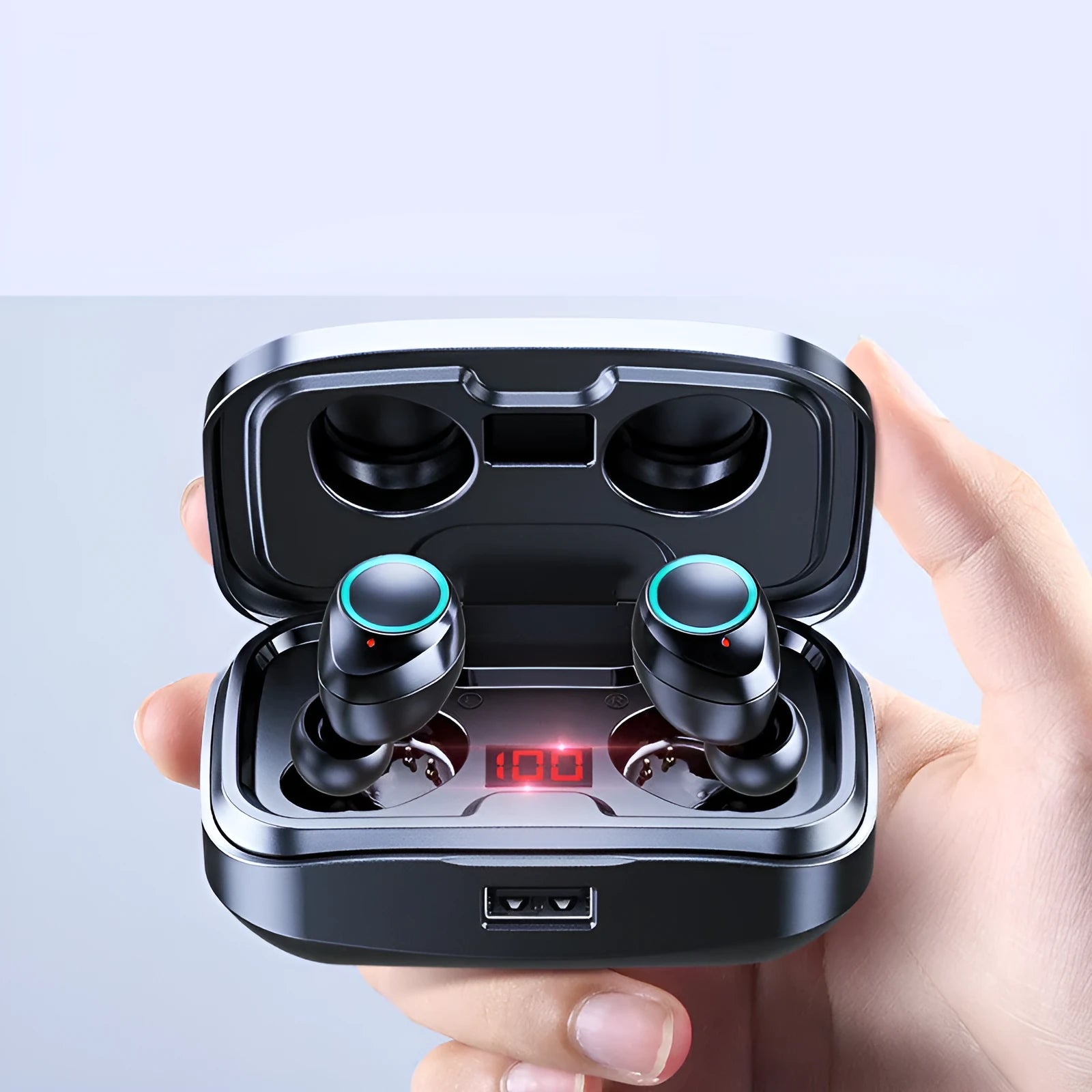 Black wireless in-ear Bluetooth 5.0 earphones showing binaural stereo design