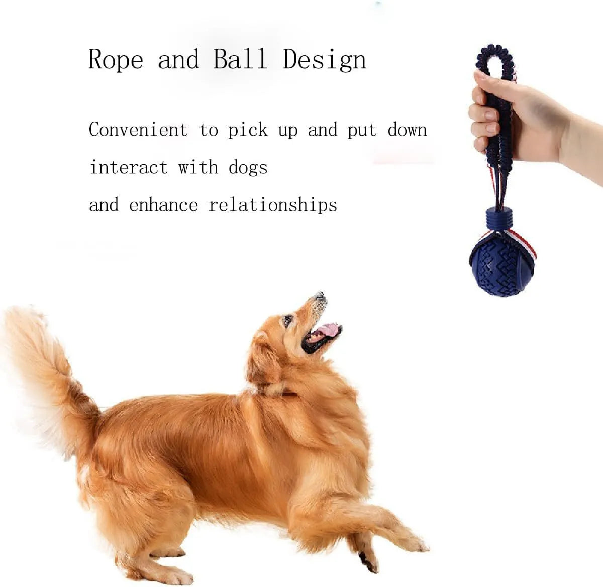 Blue or red natural rubber dog ball on rope toy measuring 29cm total length with 6.5cm diameter ball