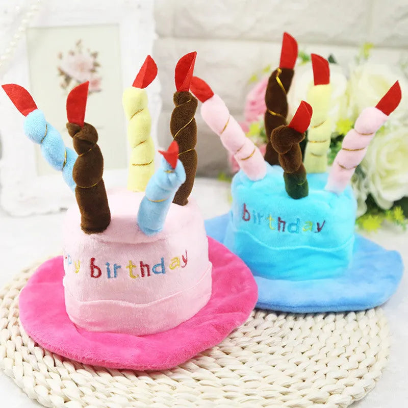 Small dog birthday hat in soft fabric with elastic band, blue and pink colour options