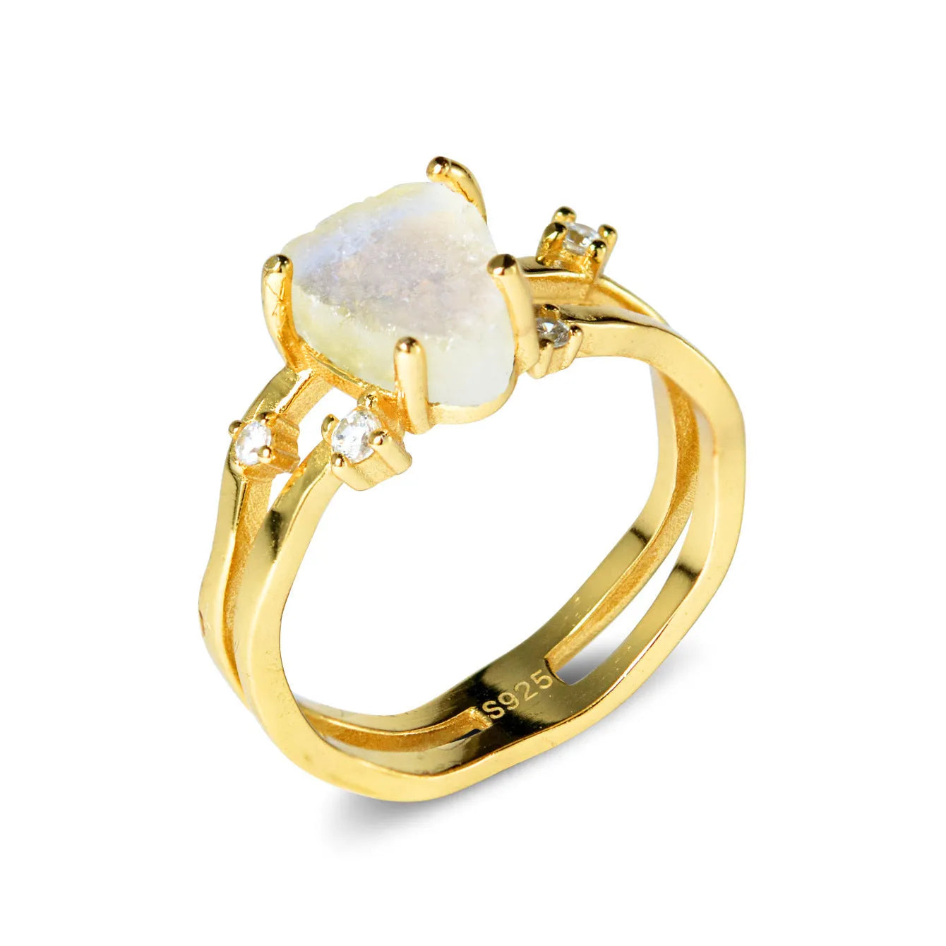 S925 sterling silver geometric triangle moonstone ring showing rose gold, white gold and yellow gold electroplated finish options.