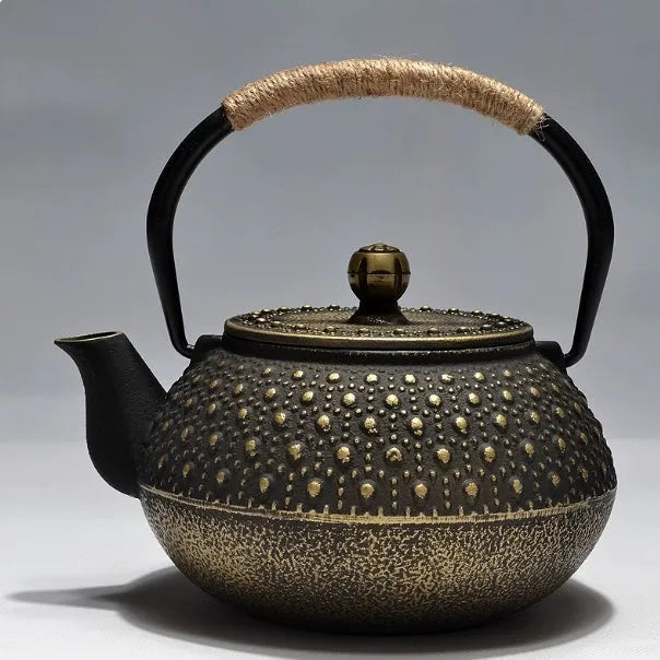 Cast iron teapot with Japanese-style decorative pattern and 0.9-litre capacity for brewing tea