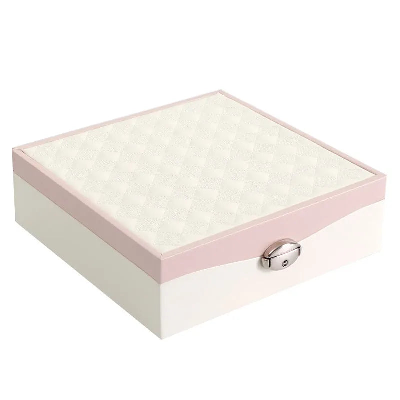 Red and white minimalist PU leather jewellery storage box for necklaces and rings, 21cm diameter.