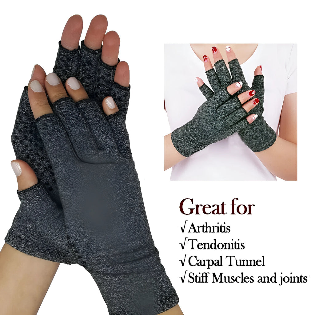 Grey fingerless compression glove with thumb hole, made from stretchy spandex fabric.