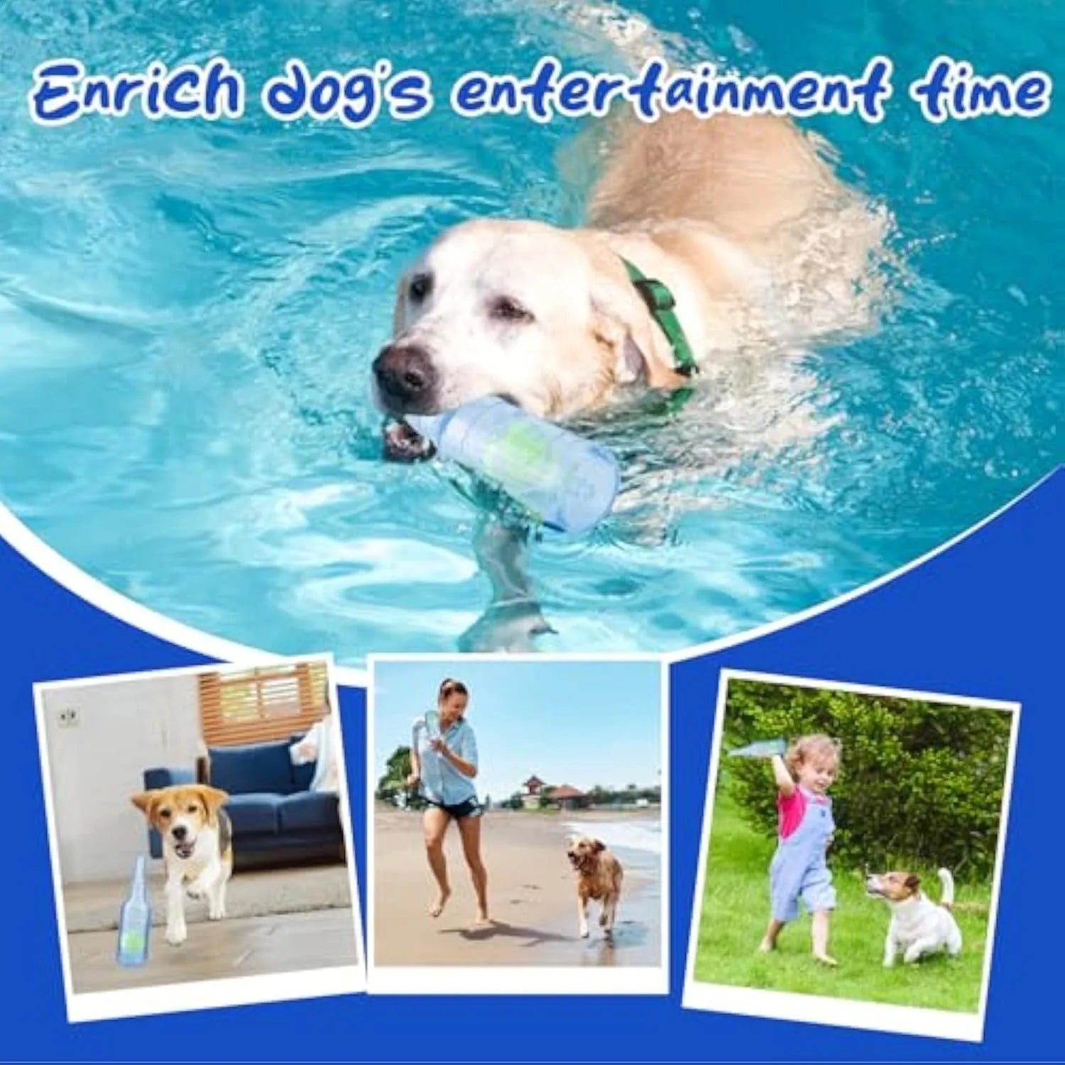 Blue natural rubber water bottle dog chew toy with squeaker at the tail on a white background