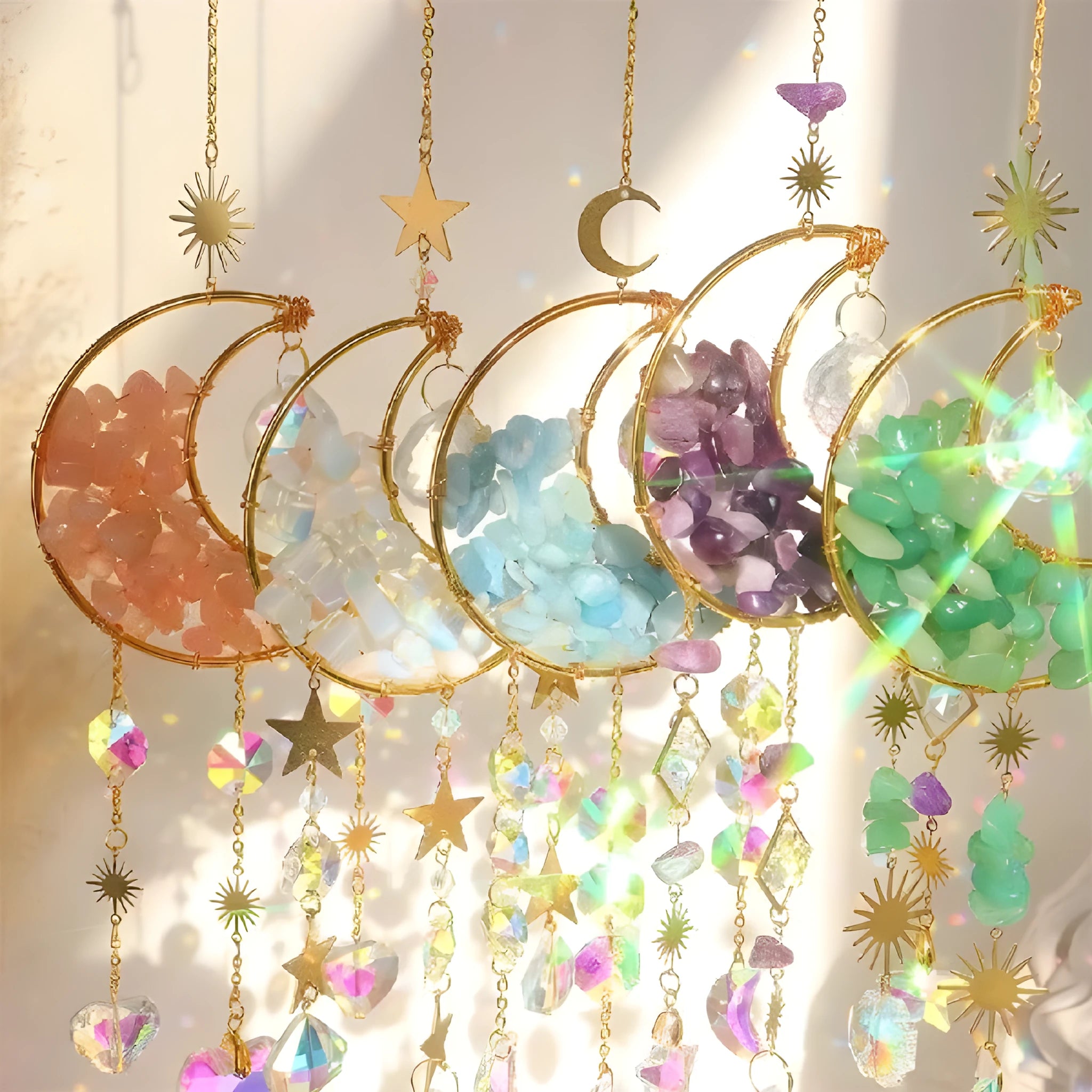 Crystal car pendant with moon design hanging from rear-view mirror