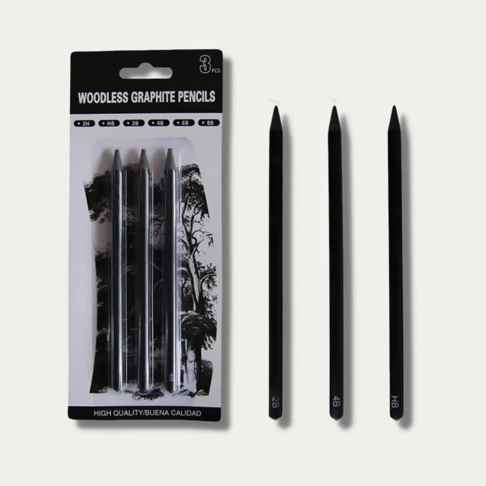 Set of six wood-free graphite sketching pencils in grades HB 2B 4B 6B 8B EE