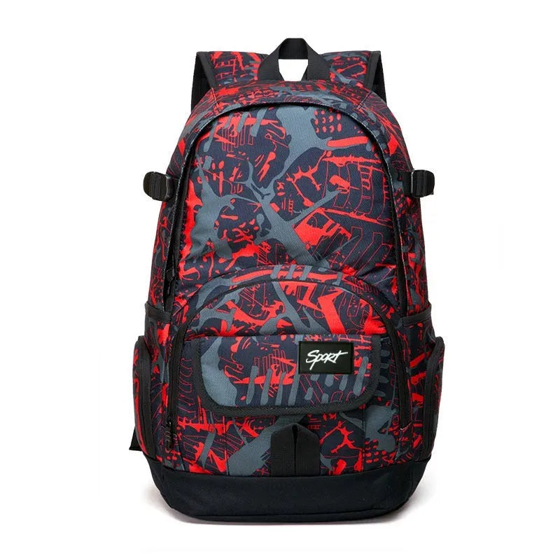 Classic red or blue nylon backpack with large main compartment for school and travel