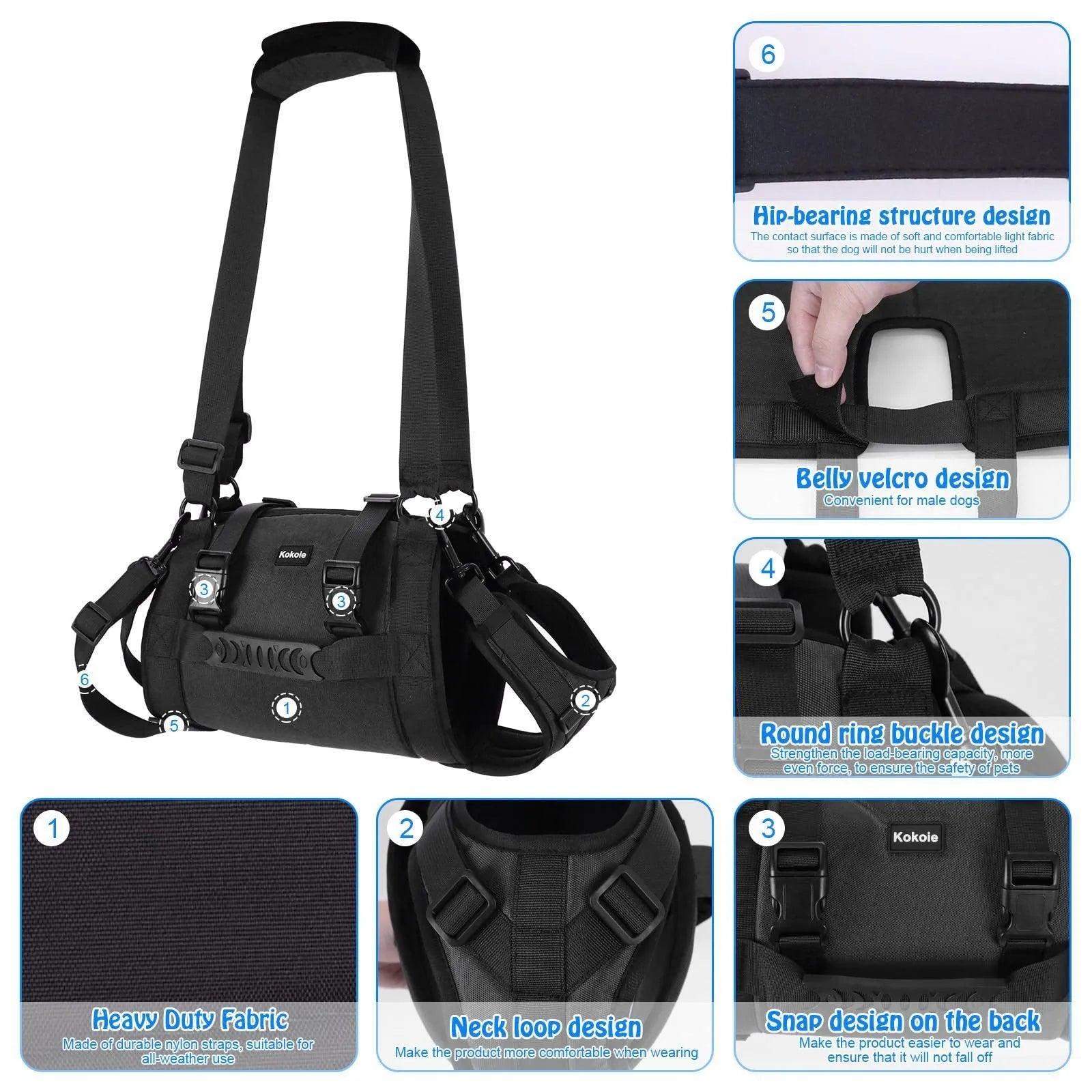Black oxford cloth dog harness with adjustable chest strap and leg support loops for outdoor use.