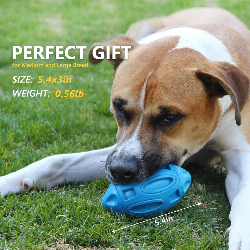 Natural rubber squeaky dog chew ball for medium and large breed aggressive chewers in blue, green, and orange colours