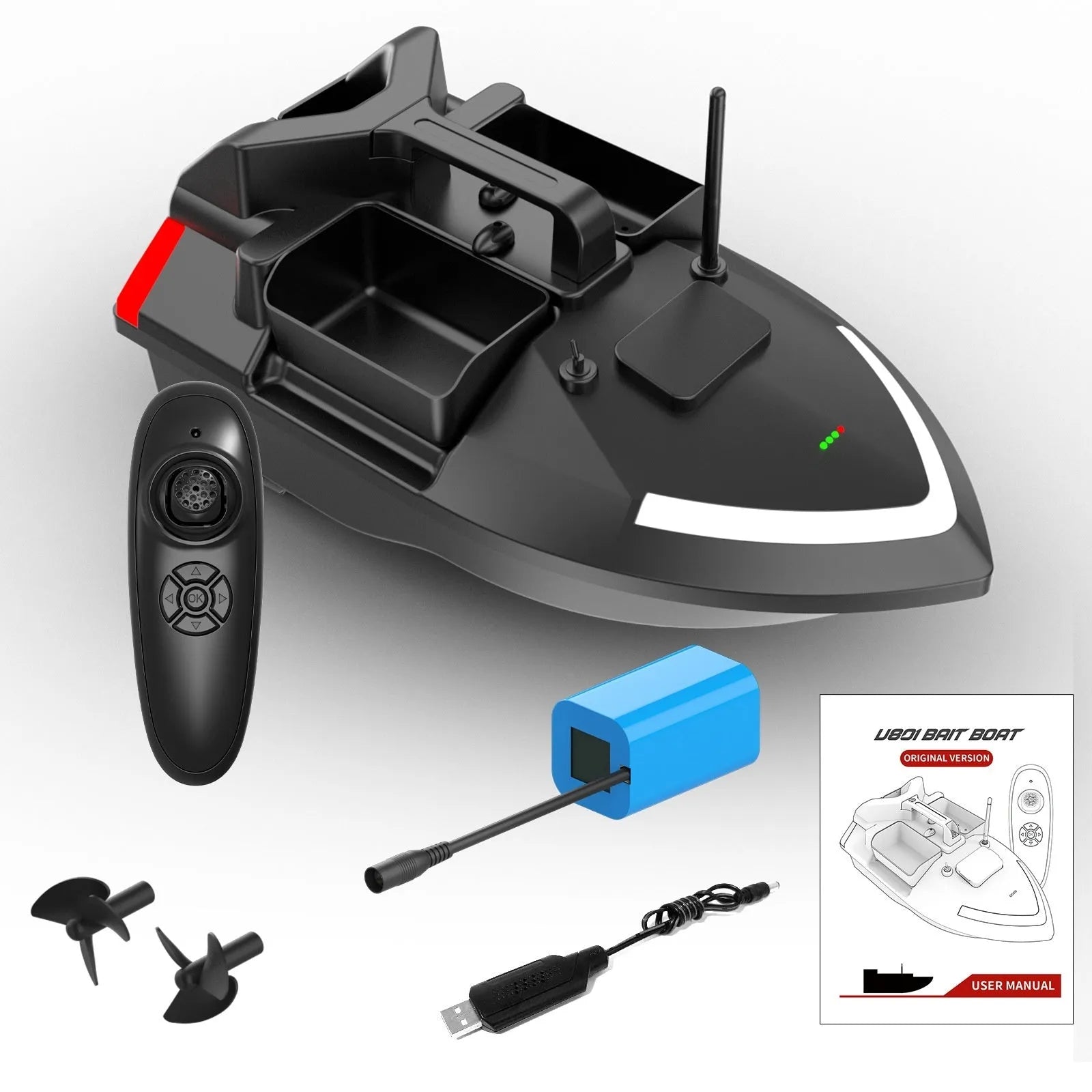 Black and luminous yellow remote control fishing boat with GPS antenna and LED light on bow.
