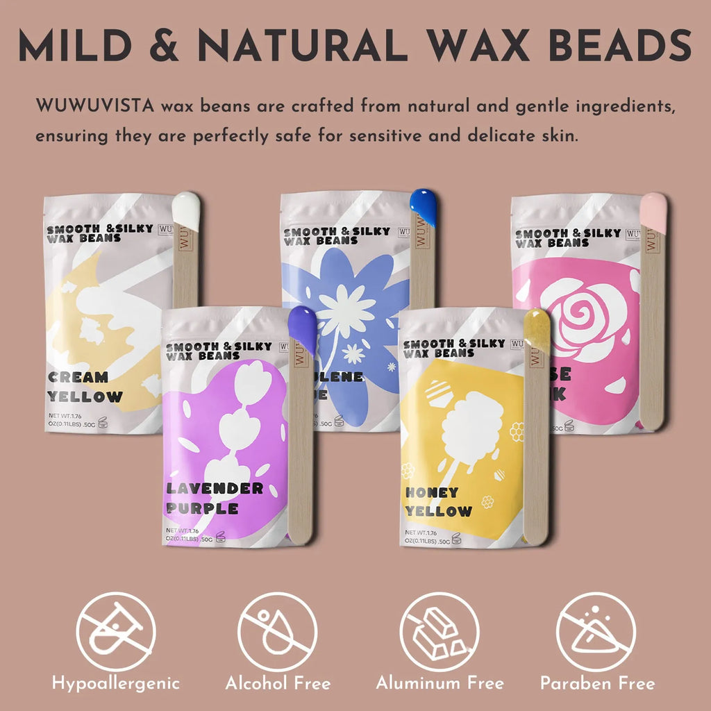 Professional waxing kit with wax warmer, pots of coloured wax beans, application sticks, lotion, and cooling masks on a pink background.