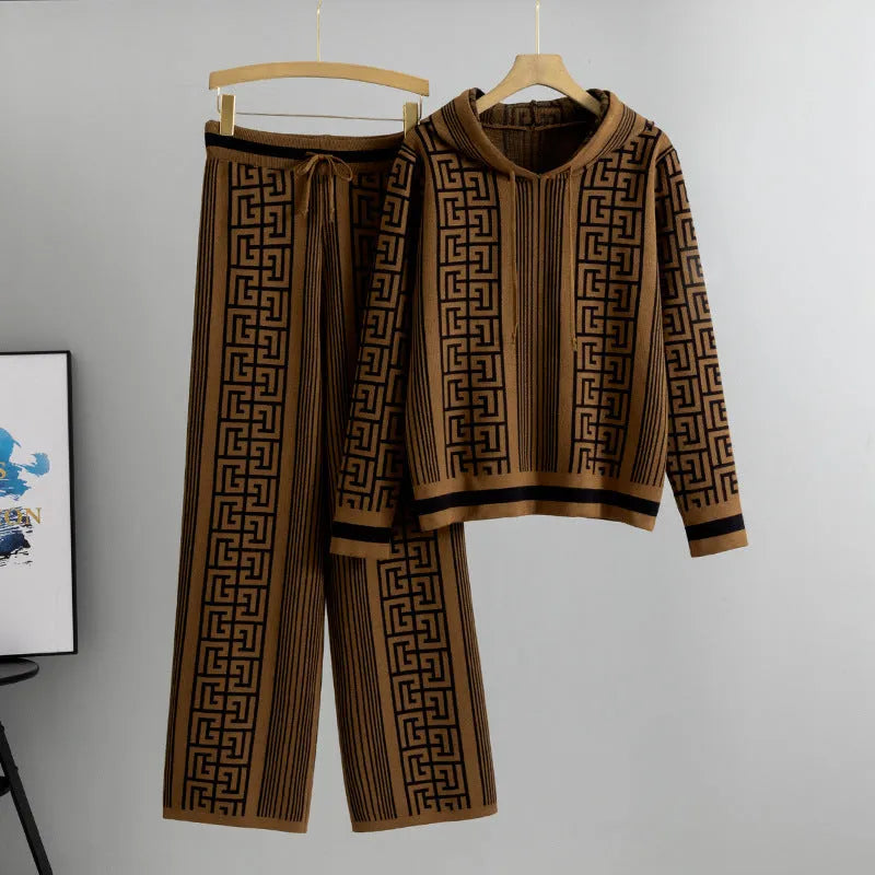 Women's casual knit two-piece set with hooded top and wide leg pants in khaki colour