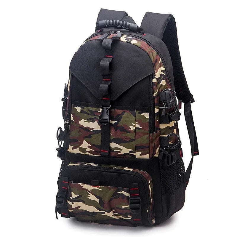 Men's black waterproof Oxford cloth hiking backpack with 56-75 litre capacity