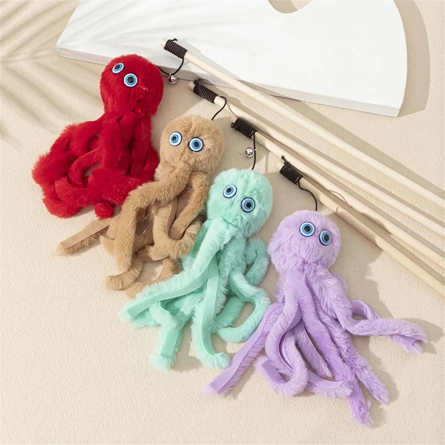 Grey octopus cat toy with eyes on long stick for indoor kitten play