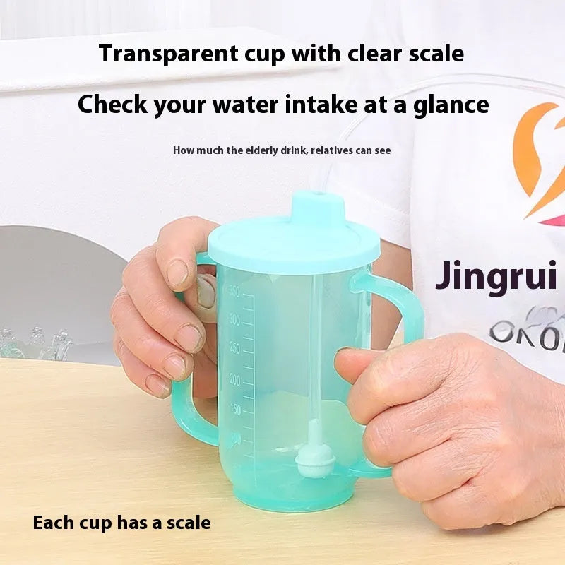 Oblique mouth choke proof cup with optional wrist splint for elderly bed drinking safety