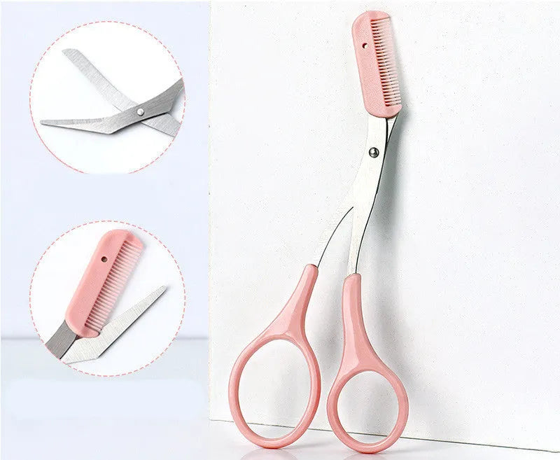 White and pink curved moon-shaped eyebrow trimming knife with a comb on a white background.