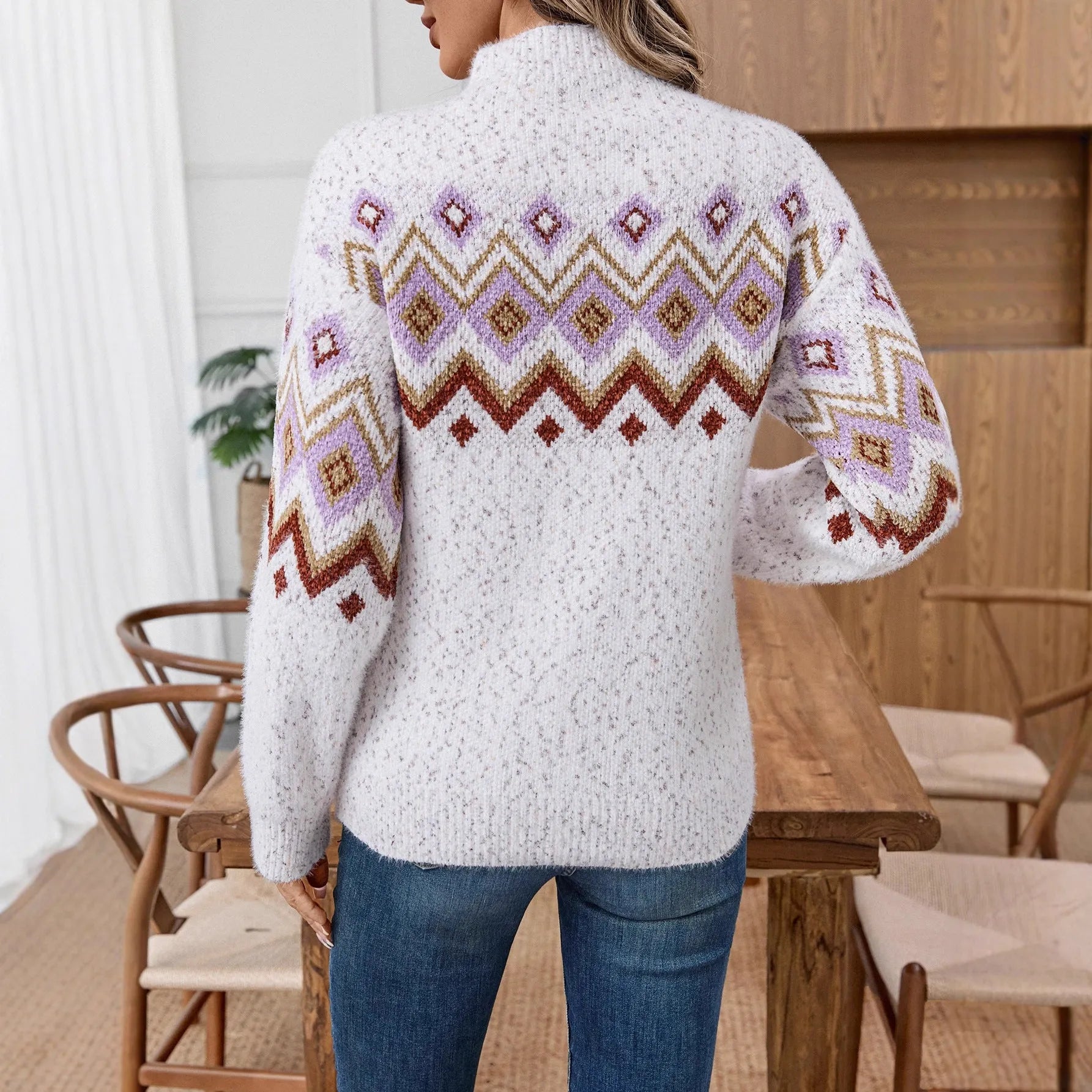 White half turtleneck jacquard sweater with geometric pattern and loose fit