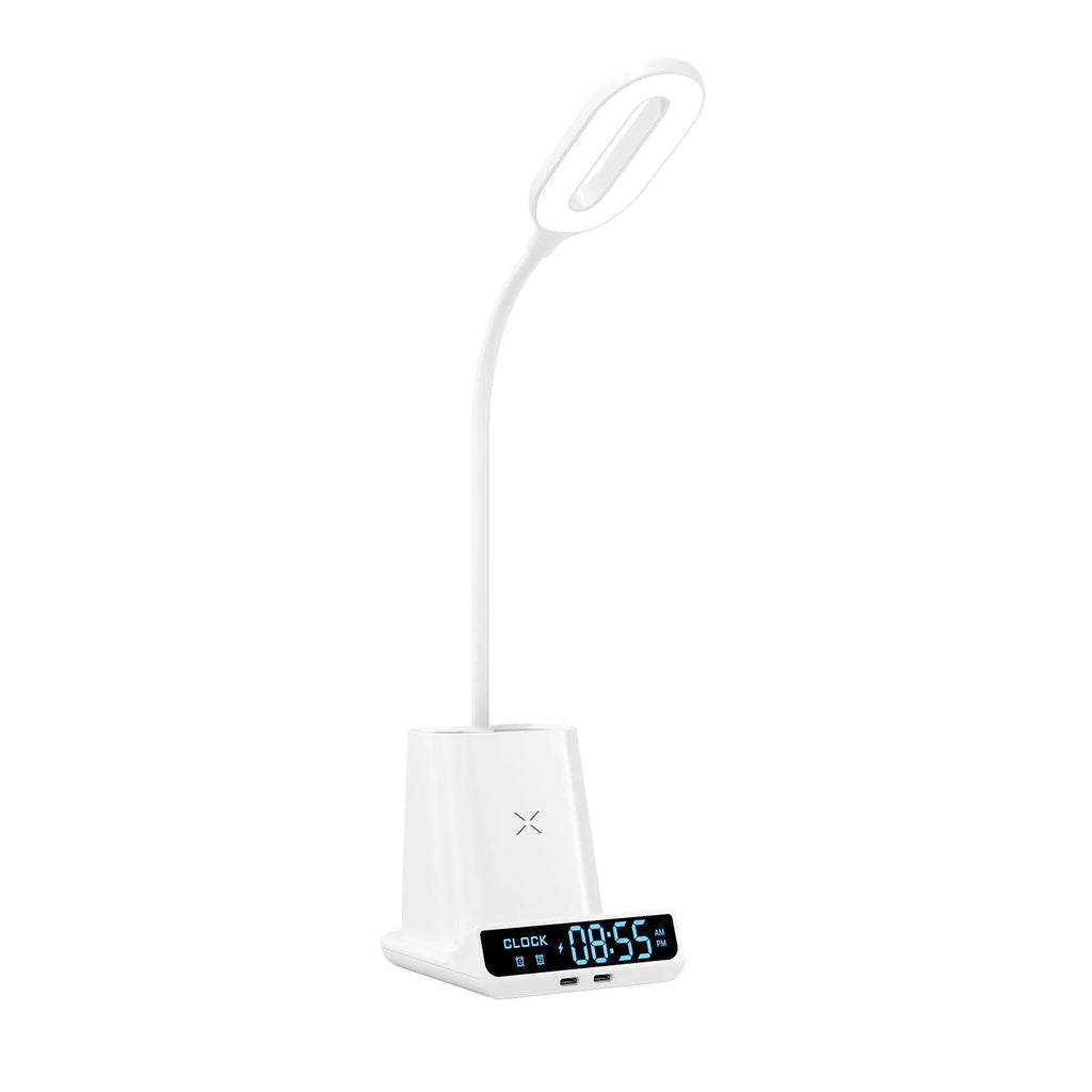 Modern black desk lamp with wireless charging pad, pen holder, and storage box on a desk.