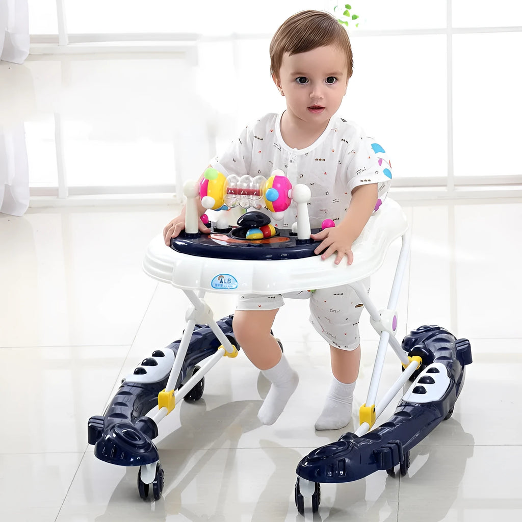Blue plastic baby walker with anti-rollover base, music panel, and five height adjustment options for 6 to 12 months