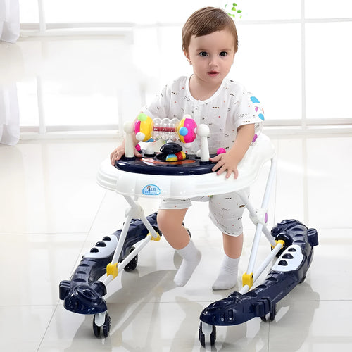 Blue plastic baby walker with anti-rollover base, music panel, and five height adjustment options for 6 to 12 months